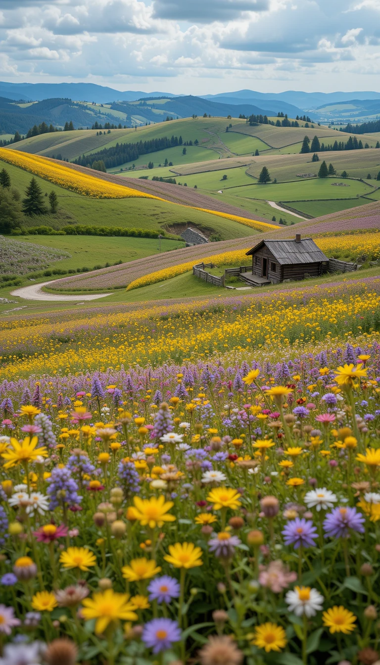 Colorful Rolling Flower Fields with Rustic Farmhouses My Store