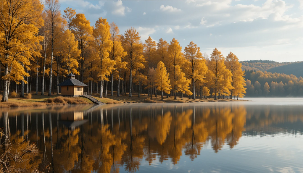 Golden Autumn Forest Reflecting in Serene Lake with Cabin My Store