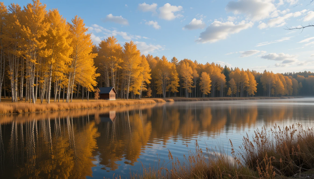 Golden Autumn Forest Reflecting in Serene Lake with Cabin My Store