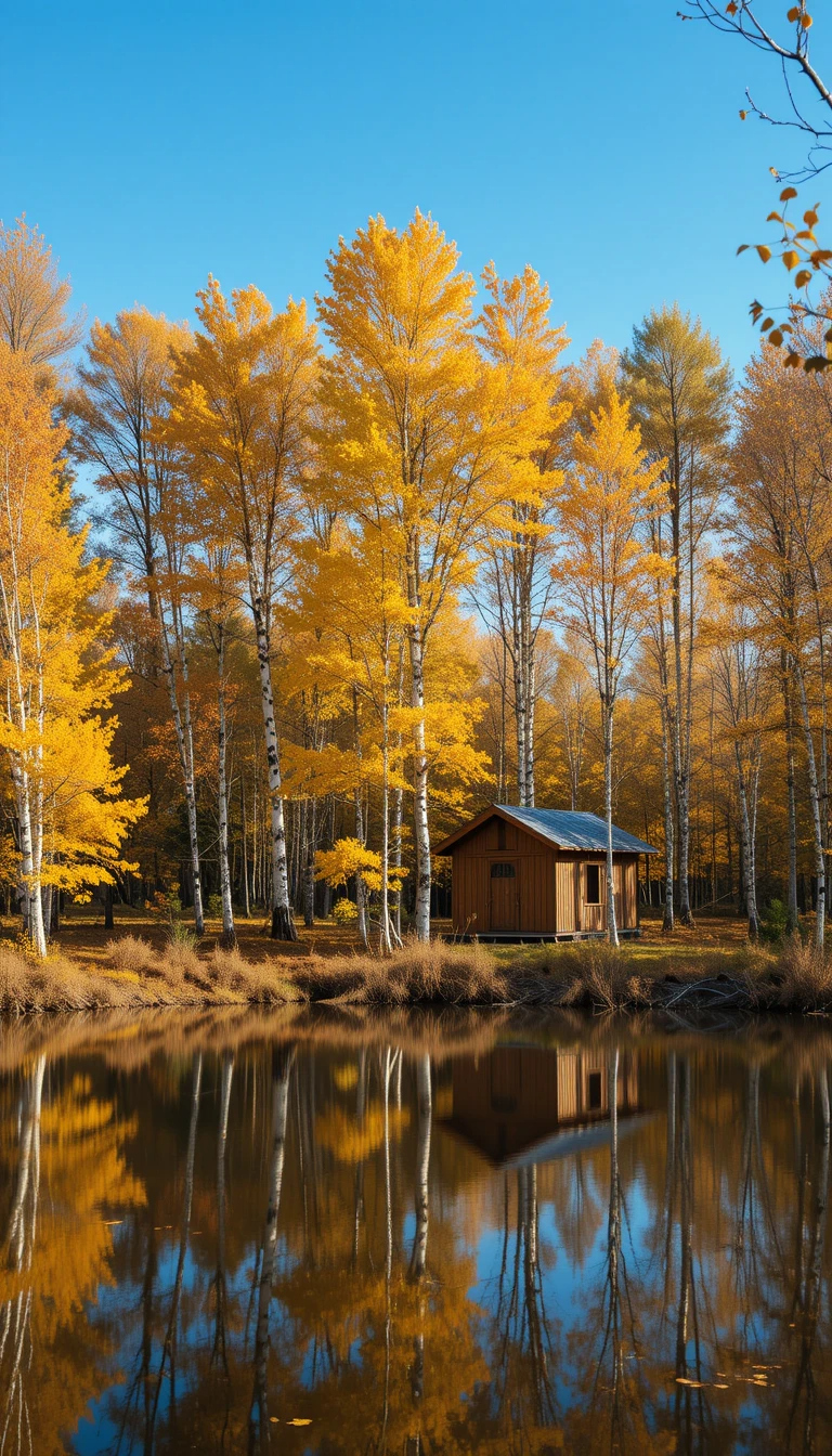 Golden Autumn Forest Reflecting in Serene Lake with Cabin My Store