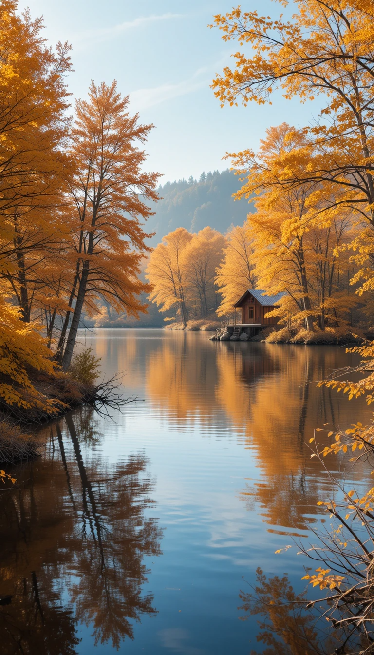 Golden Autumn Forest Reflecting in Serene Lake with Cabin My Store