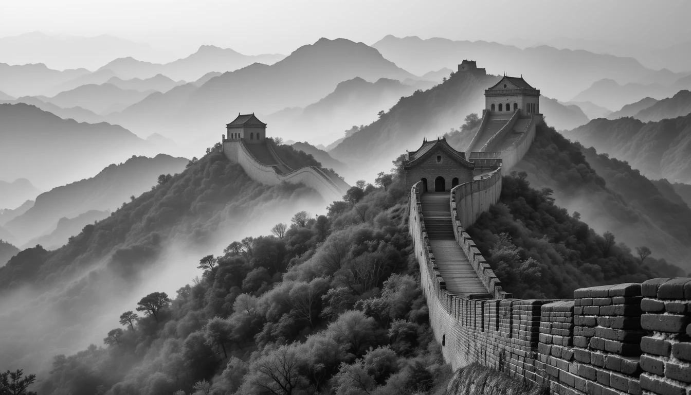 Great Wall of China in Mist Black and White – Ethereal Landscape Photography Print
