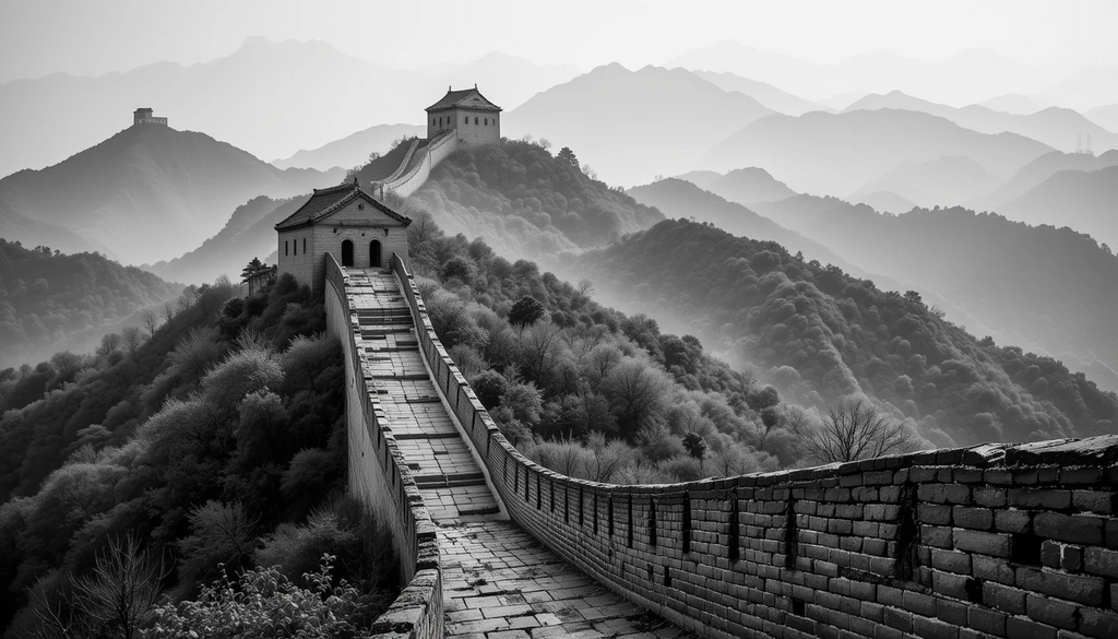 Great Wall of China in Mist Black and White – Ethereal Landscape Photography Print