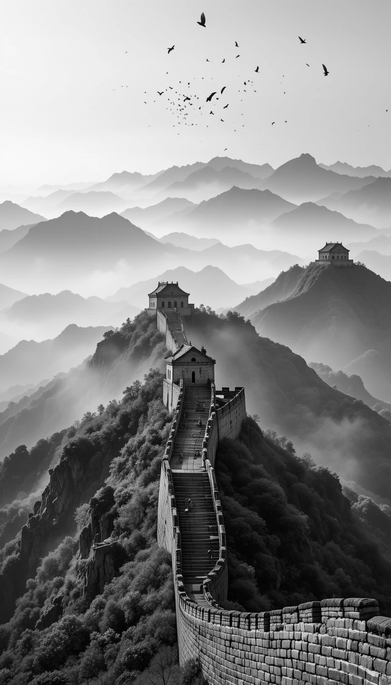 Great Wall of China in Mist Black and White – Ethereal Landscape Photography Print