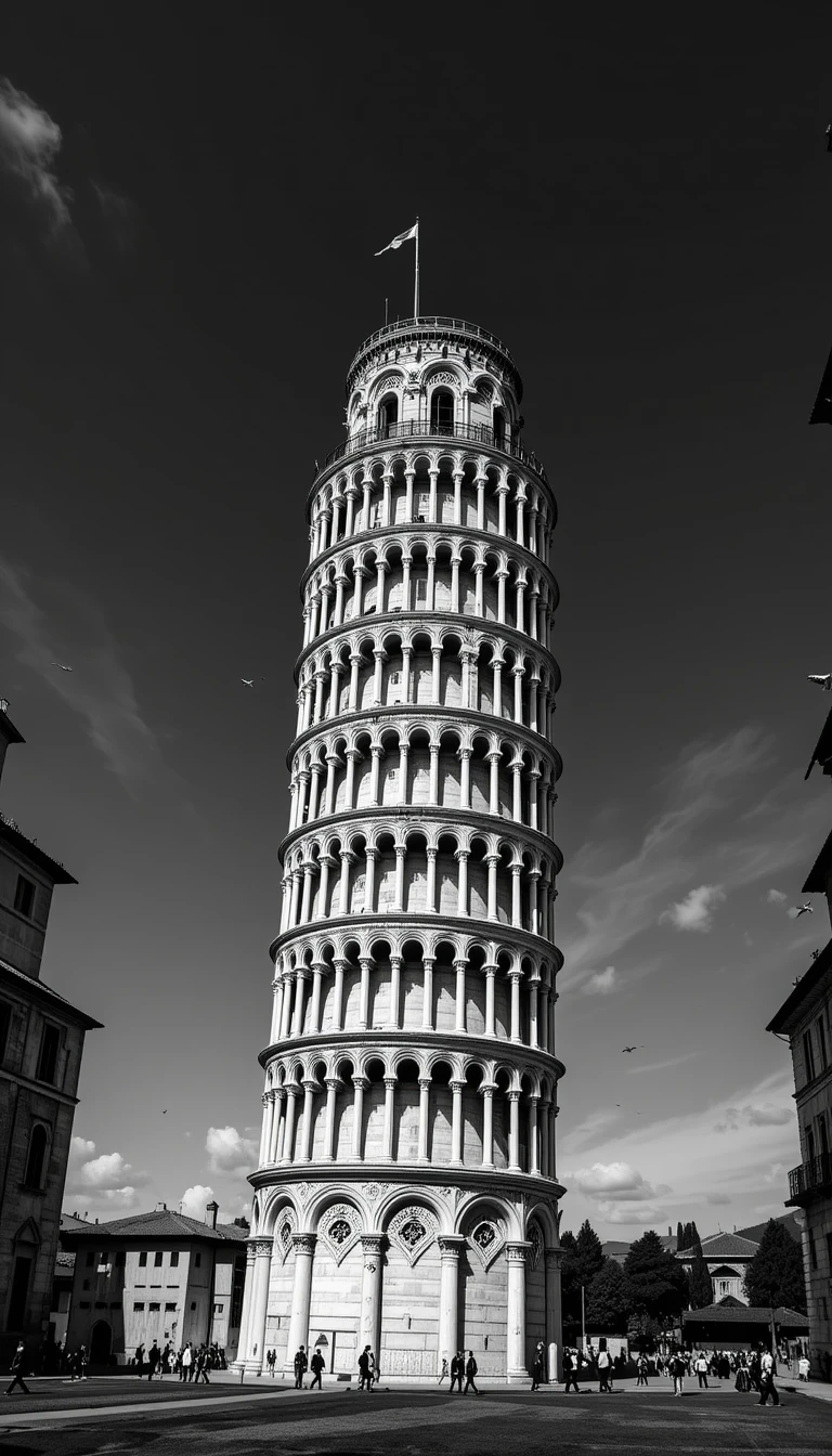 Leaning Tower of Pisa Black and White Photography – Classic Italian Landmark Print