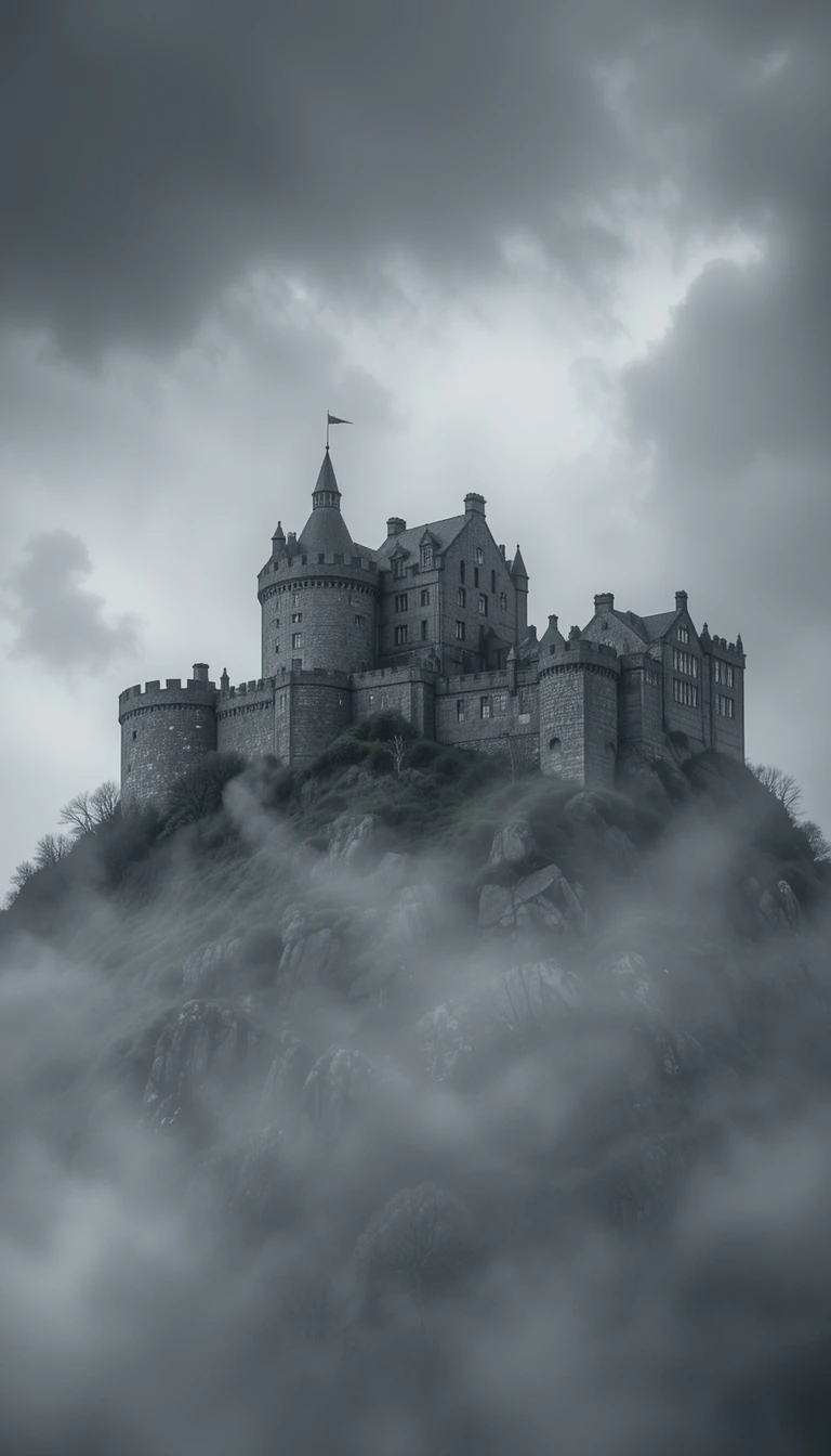 Fog-Shrouded St Michael's Mount Castle - Ethereal Black and White Tidal Island Print, Cornwall England