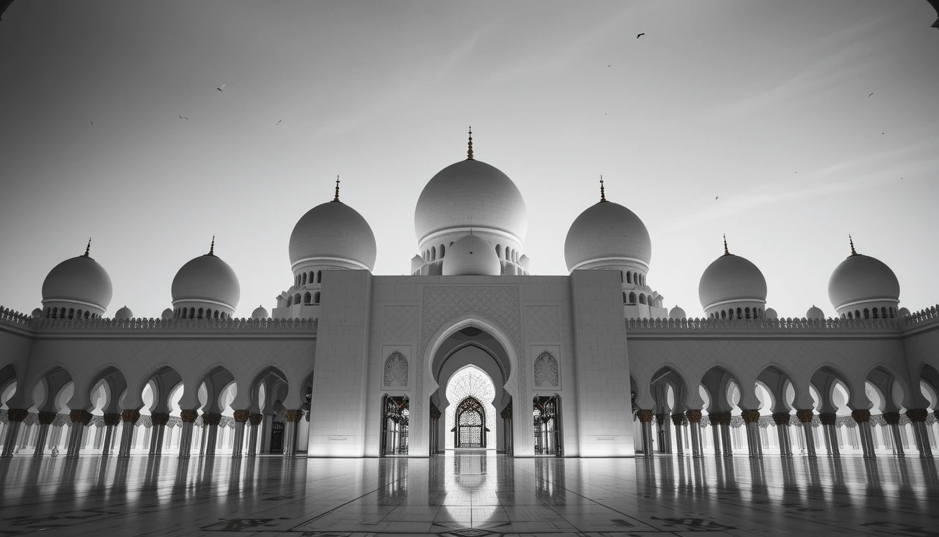 Sheikh Zayed Grand Mosque Courtyard Reflection - Serene Black and White Islamic Architecture Poster, Abu Dhabi