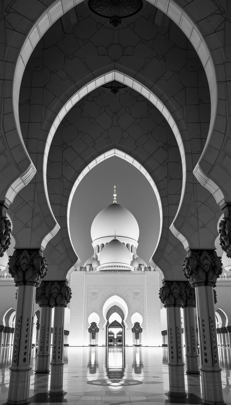 Sheikh Zayed Grand Mosque Courtyard Reflection - Serene Black and White Islamic Architecture Poster, Abu Dhabi