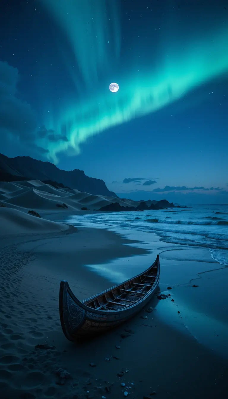 Northern Lights Beach Wall Art – Aurora Borealis Over Moonlit Shoreline Photography Print My Store