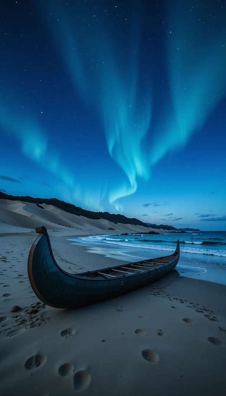 Northern Lights Beach Wall Art – Aurora Borealis Over Moonlit Shoreline Photography Print My Store