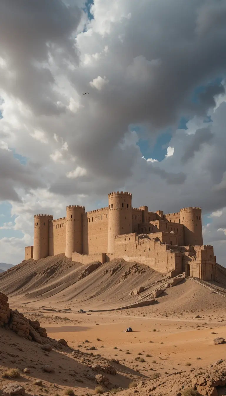 Ancient Desert Fortress Wall Art – Majestic Sandstone Castle Under Blue Sky Landscape Print My Store