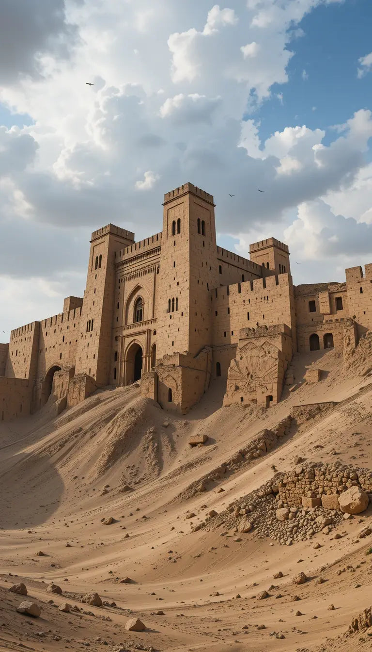 Ancient Desert Fortress Wall Art – Majestic Sandstone Castle Under Blue Sky Landscape Print My Store