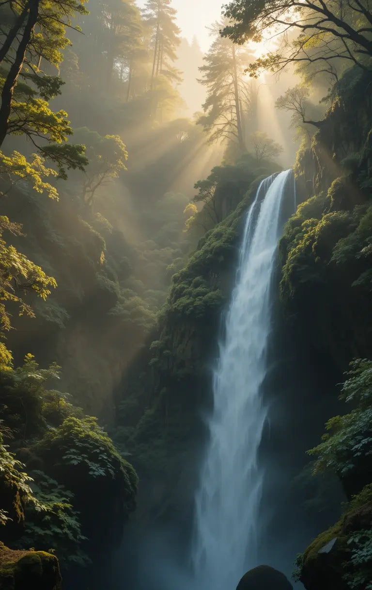Tranquil Waterfall in Misty Forest - High-Res Landscape Decor My Store
