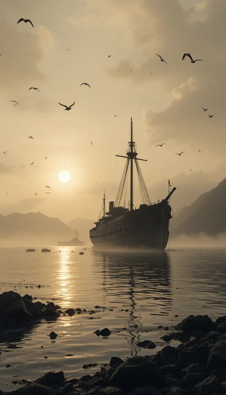 Sunset Over Ghost Shipwreck - Dramatic Ocean Adventure Wall Art My Store