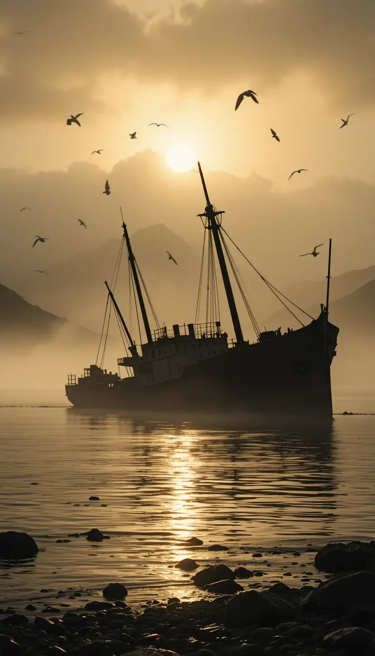 Sunset Over Ghost Shipwreck - Dramatic Ocean Adventure Wall Art My Store