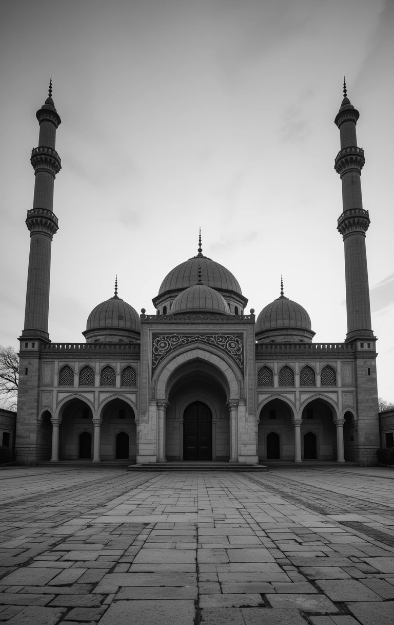 A majestic mosque stands in perfect balance under a muted sky.
