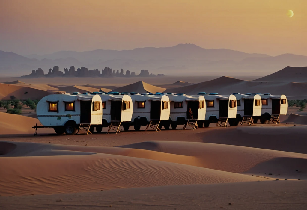 Luxury Desert Caravan Camp with Vintage Trailers at Twilight