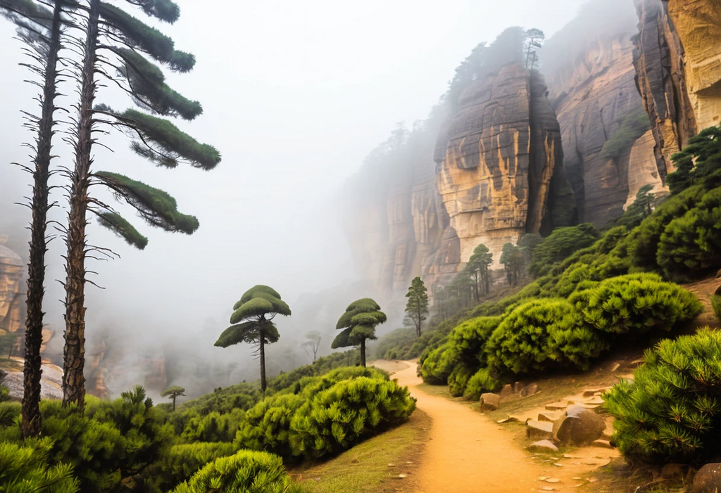Misty Mountain Path Through Ancient Pine Forest at Dawn