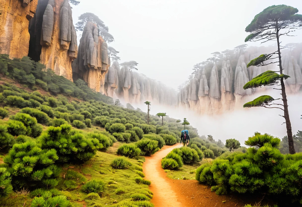 Misty Mountain Path Through Ancient Pine Forest at Dawn