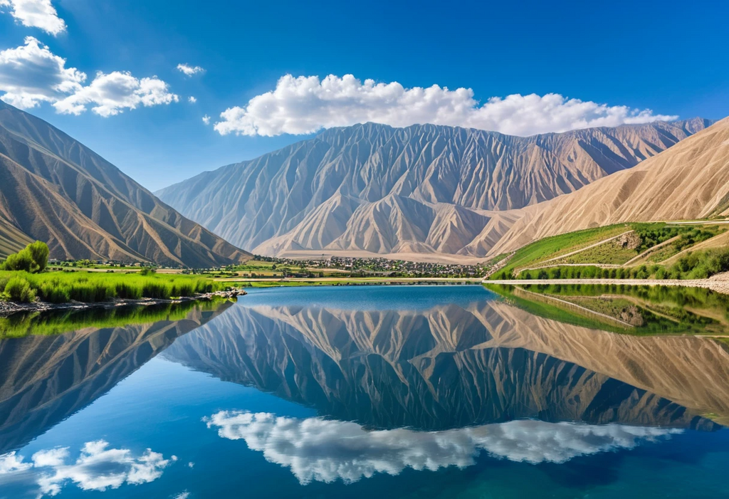 Serene Mountain Lake Reflecting Majestic Peaks and Village Valley