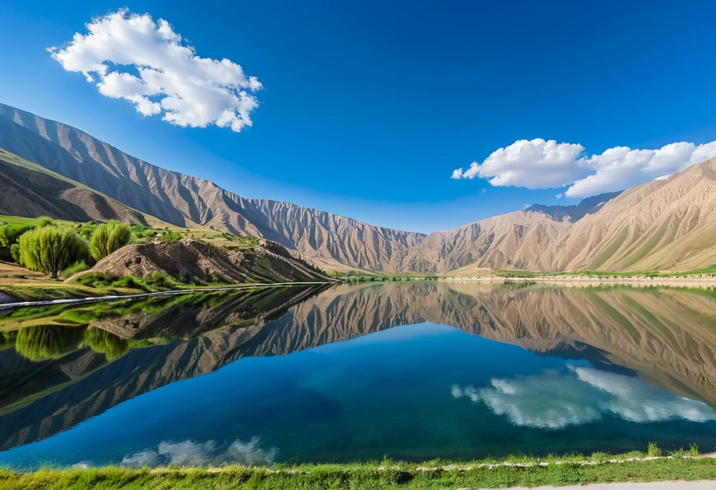 Serene Mountain Lake Reflecting Majestic Peaks and Village Valley