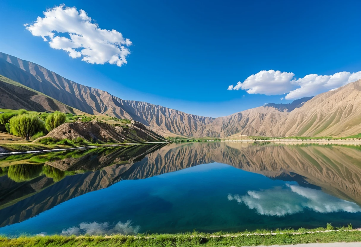 Serene Mountain Lake Reflecting Majestic Peaks and Village Valley