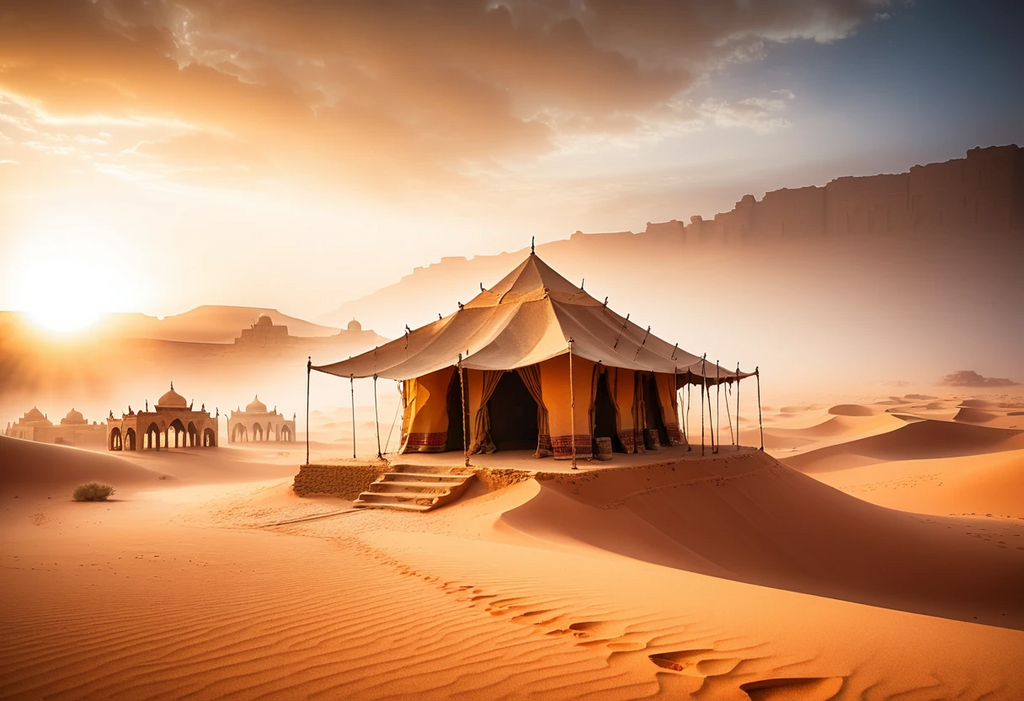 Luxurious Desert Camp Tent at Sunset in Arabian Sands
