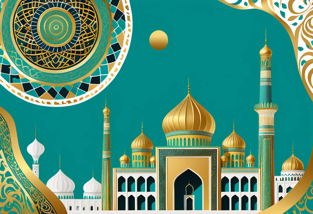 Elegant Golden Ramadan Mosque Illustration with Arabic Calligraphy