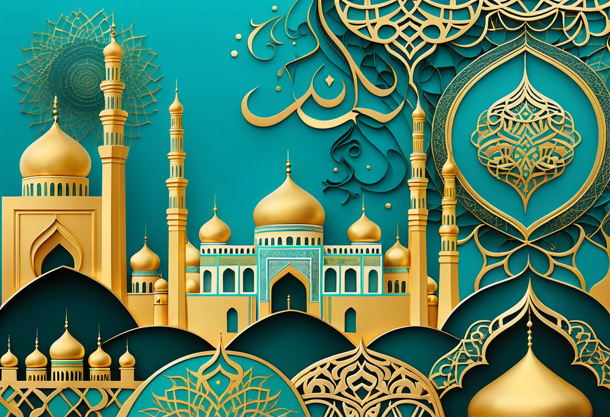 Elegant Golden Ramadan Mosque Illustration with Arabic Calligraphy