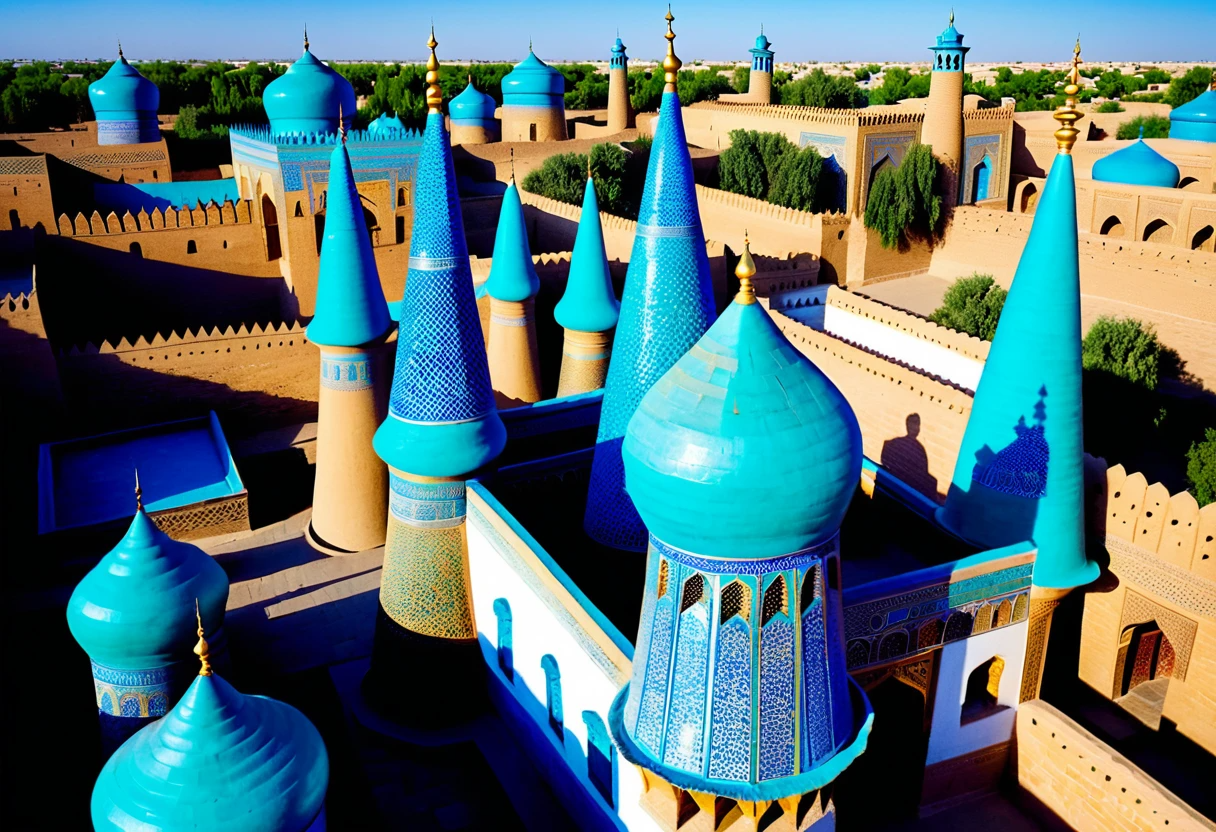 Stunning Aerial View of Turquoise-Tiled Mosques in Historic City