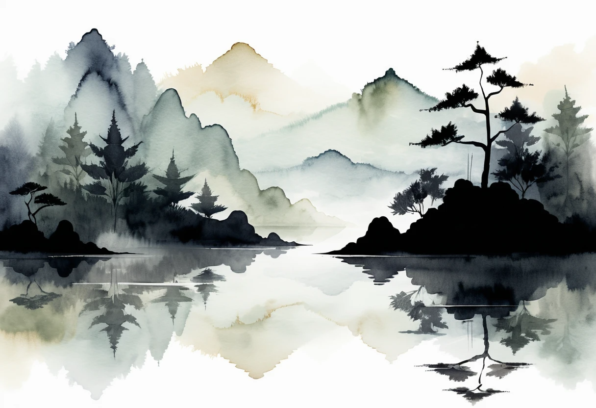 Serene Ink Wash Painting of Traditional Chinese Pagoda and Misty Mountains
