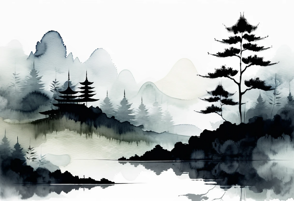 Serene Ink Wash Painting of Traditional Chinese Pagoda and Misty Mountains