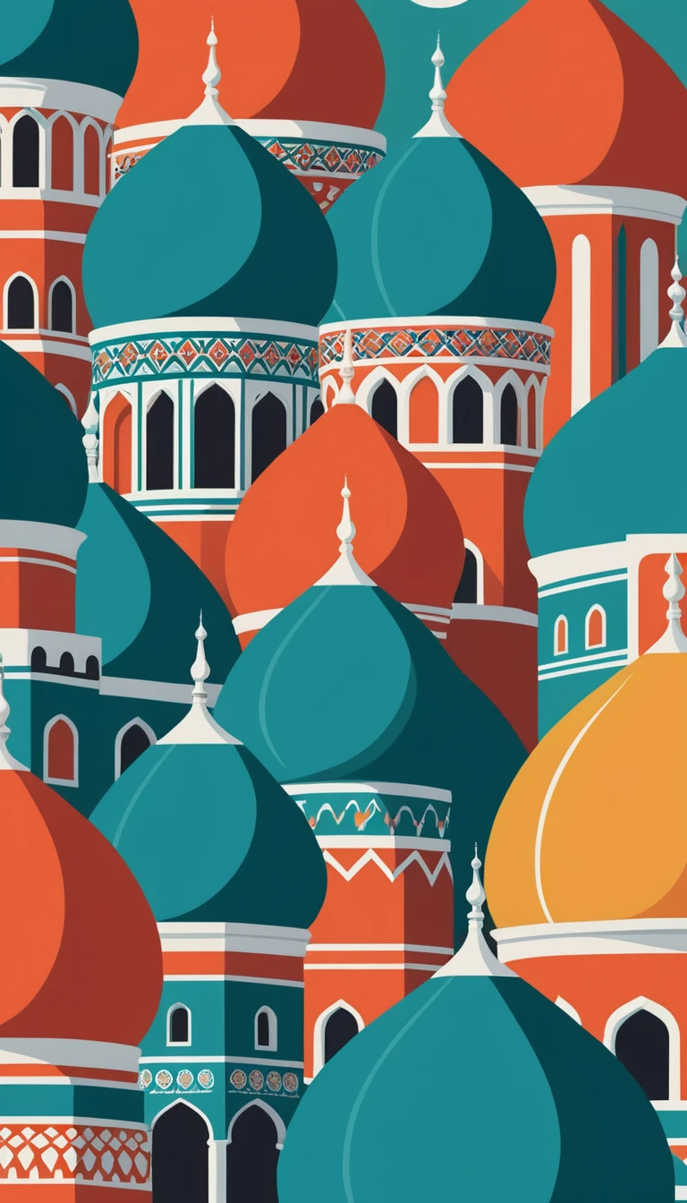 Vibrant Illustrated Pattern of Islamic Domes in Teal and Orange