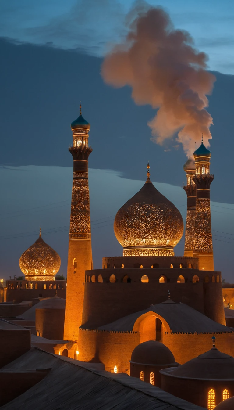 Illuminated Persian Mosque with Ornate Domes at Night
