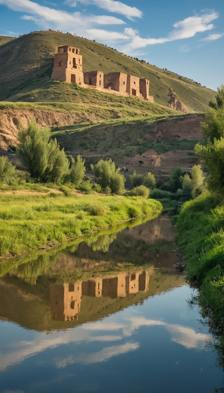 Ancient Cliffside Ruins Reflected in Calm River Landscape