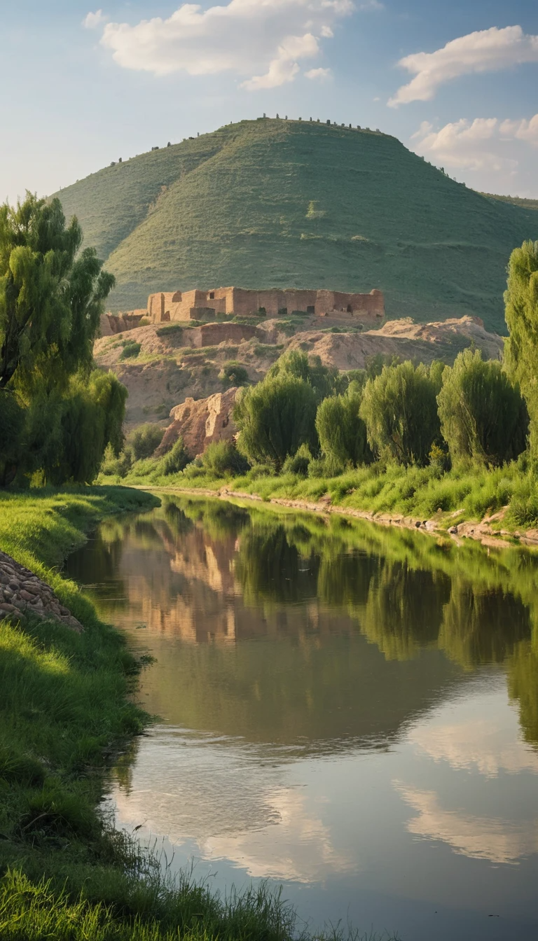 Ancient Cliffside Ruins Reflected in Calm River Landscape