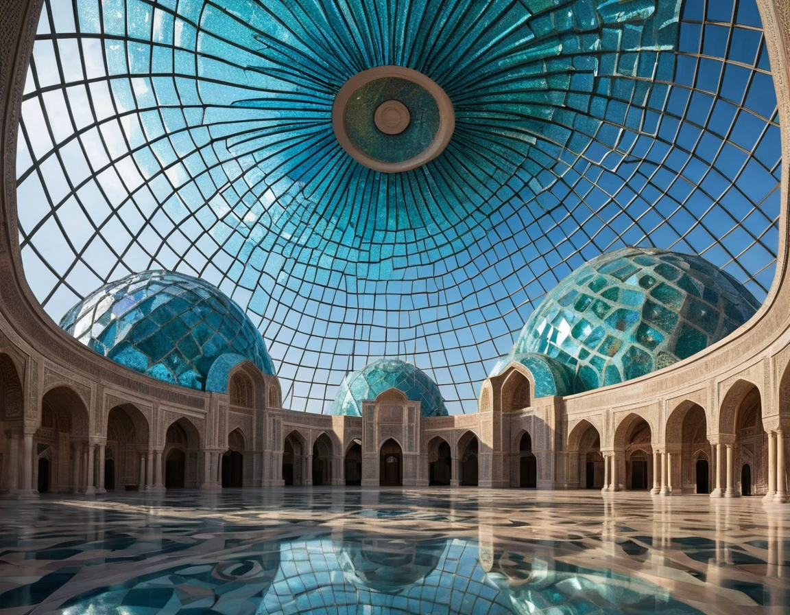 Golden Illuminated Prayer Hall - Ornate Islamic Interior with Chandelier