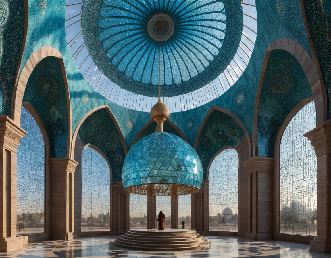 Golden Illuminated Prayer Hall - Ornate Islamic Interior with Chandelier