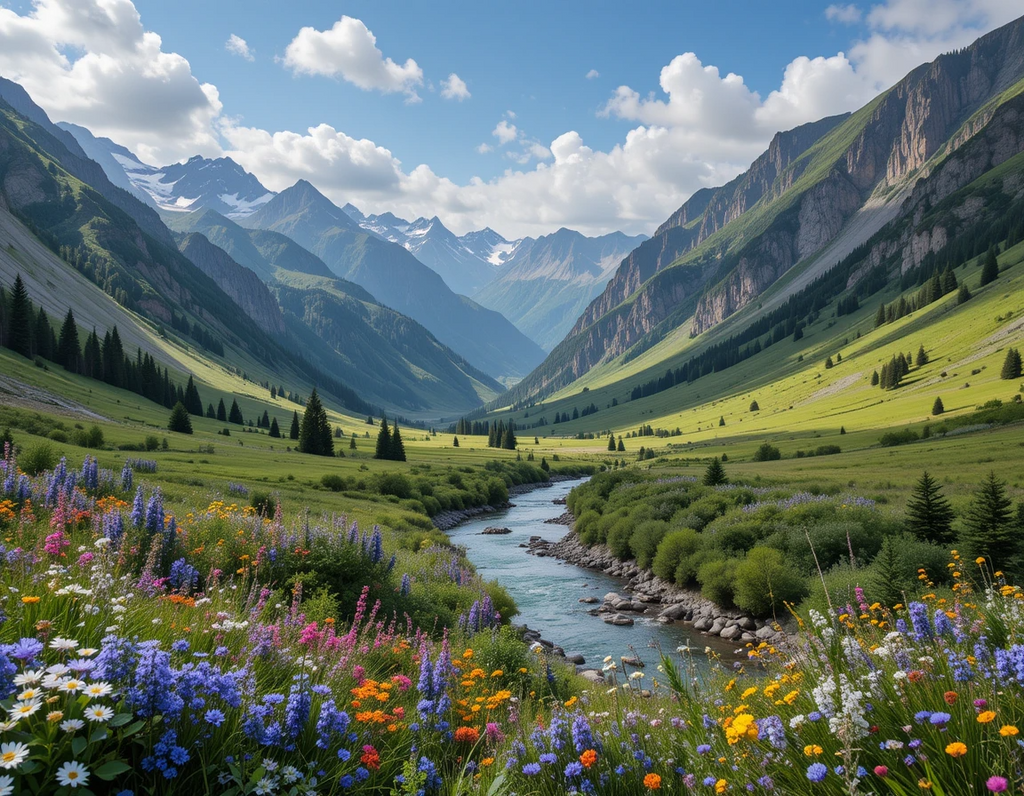 Emerald Valley River - Alpine Meadows and Wildflowers Paradise
