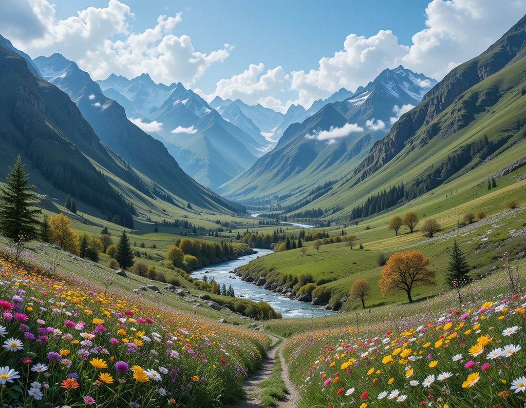 Emerald Valley River - Alpine Meadows and Wildflowers Paradise