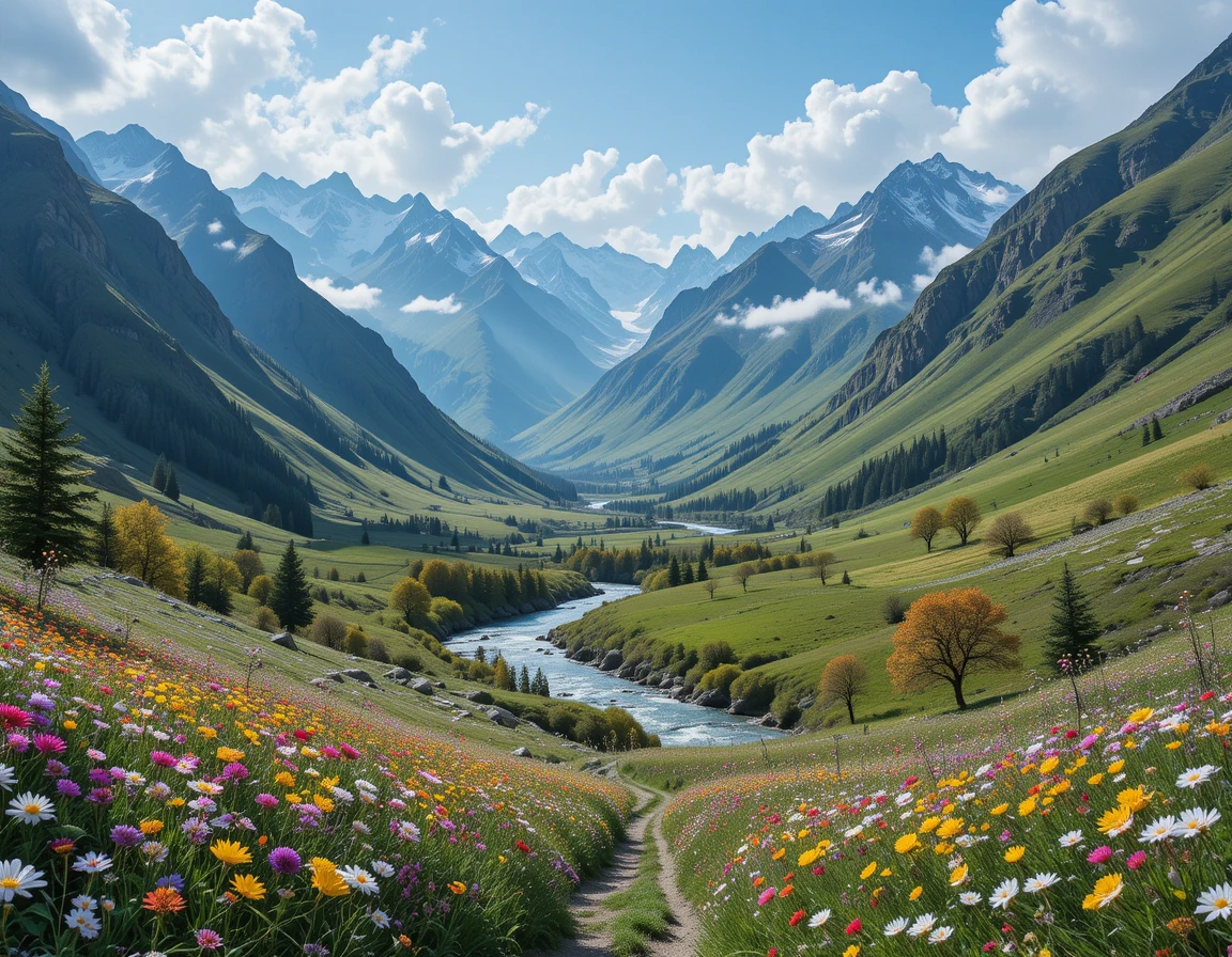 Emerald Valley River - Alpine Meadows and Wildflowers Paradise