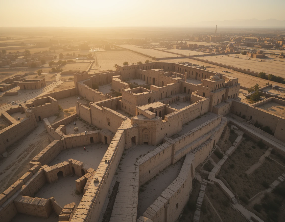 Ancient Desert Citadel at Sunrise - Mud-Brick Fortress Aerial