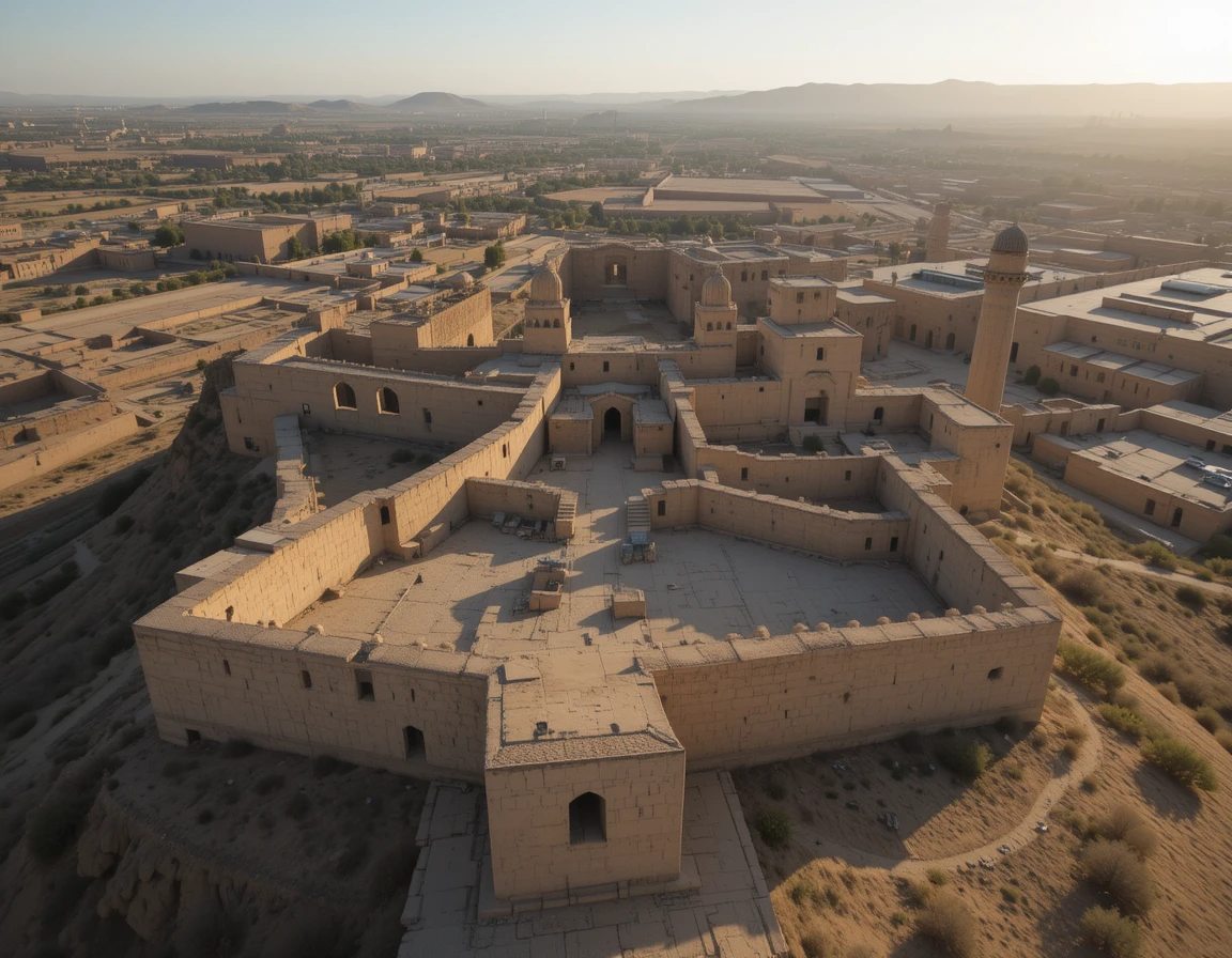 Ancient Desert Citadel at Sunrise - Mud-Brick Fortress Aerial