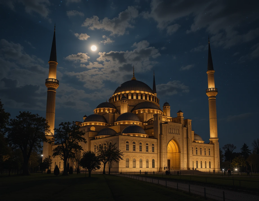 Golden Mosque Under Starry Night with Lantern Reflections