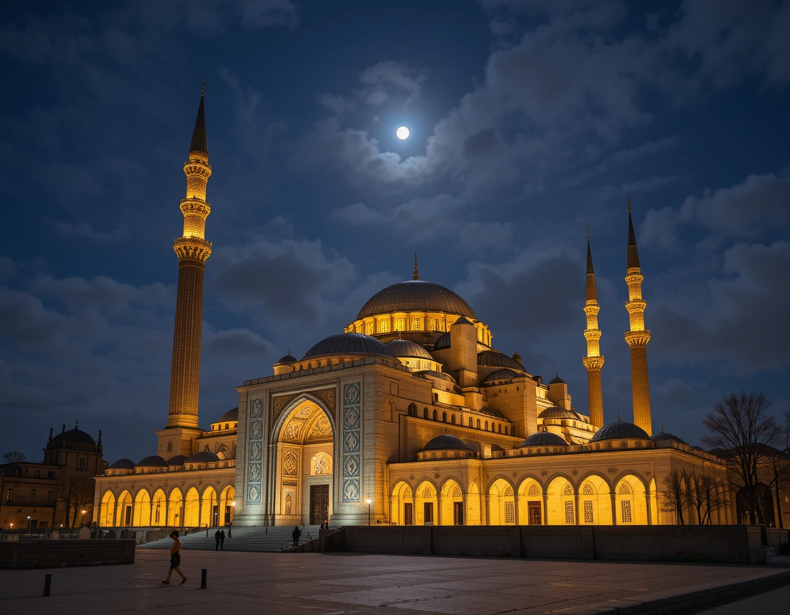 Golden Mosque Under Starry Night with Lantern Reflections
