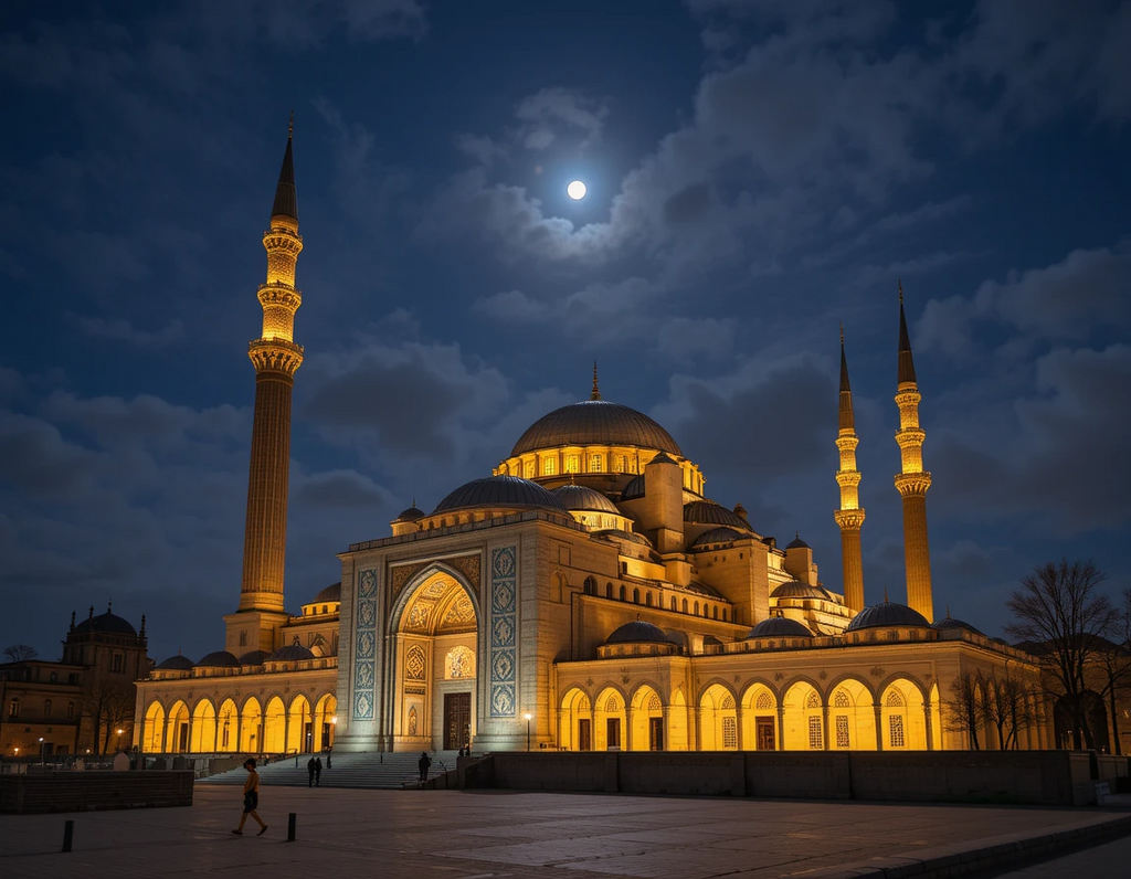Golden Mosque Under Starry Night with Lantern Reflections