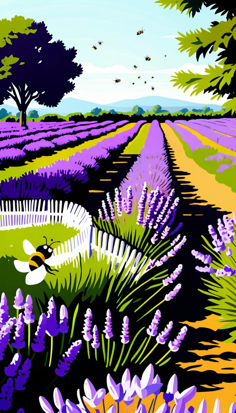 Lavender Fields with Bees – Illustrated Art Print