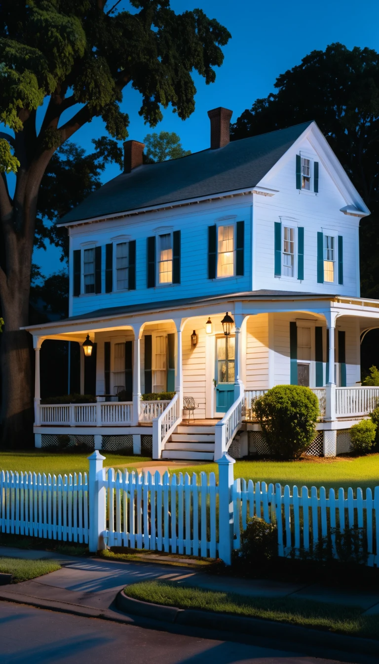 Classic White Farmhouse with Wraparound Porch at Night