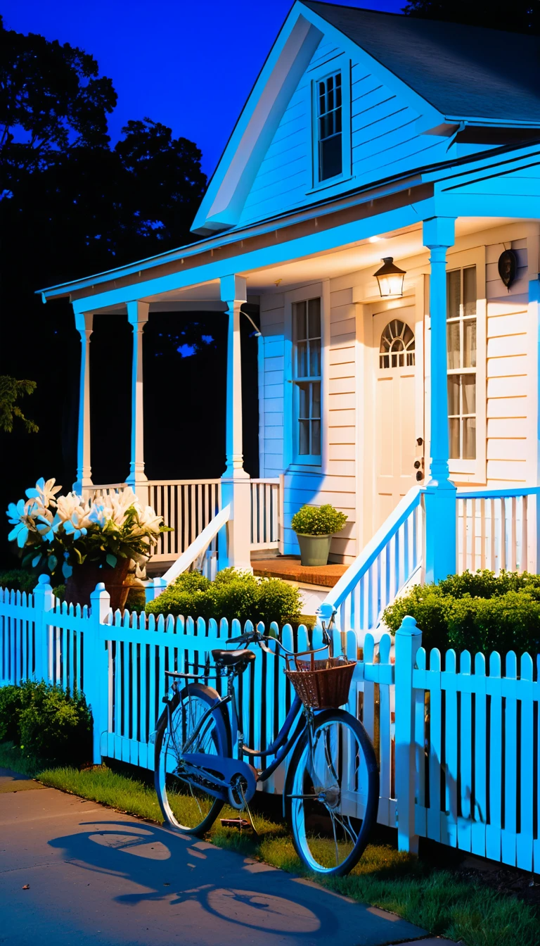 Classic White Farmhouse with Wraparound Porch at Night