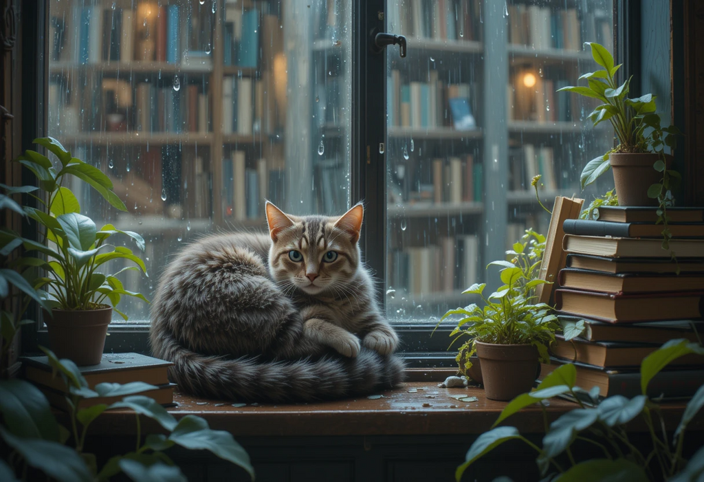 Rainy Day Cat on Bookshelf Window Sill